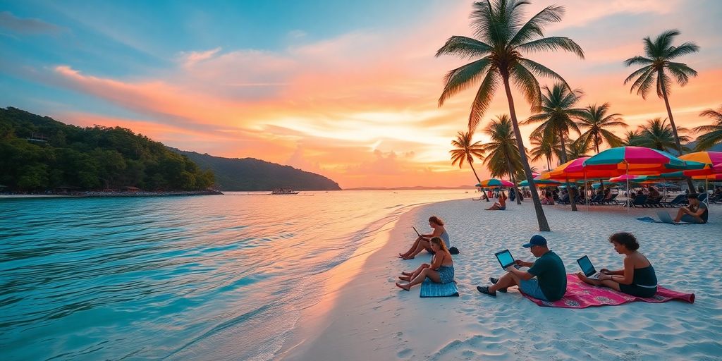 Beach scene in Thailand with digital nomads working.