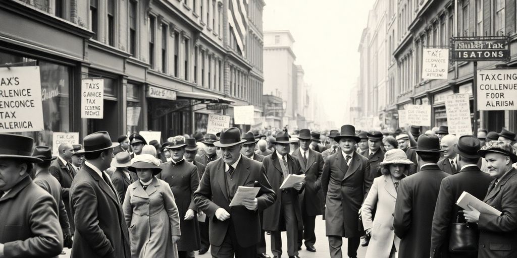 Historical street scene with tax collectors and citizens.