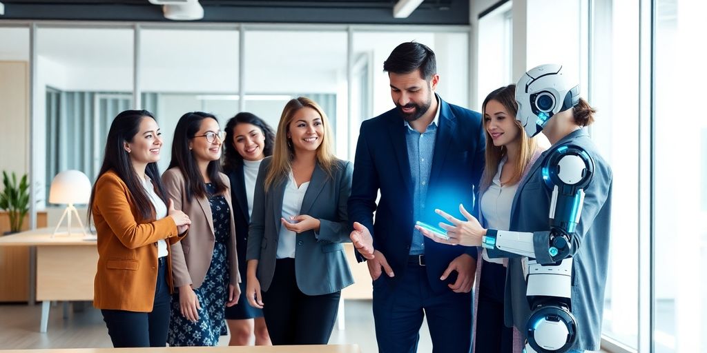 Diverse sales team interacting with an AI sales bot.