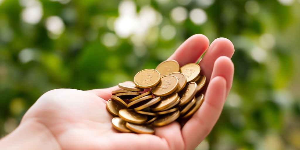 Hand holding coins with natural background.