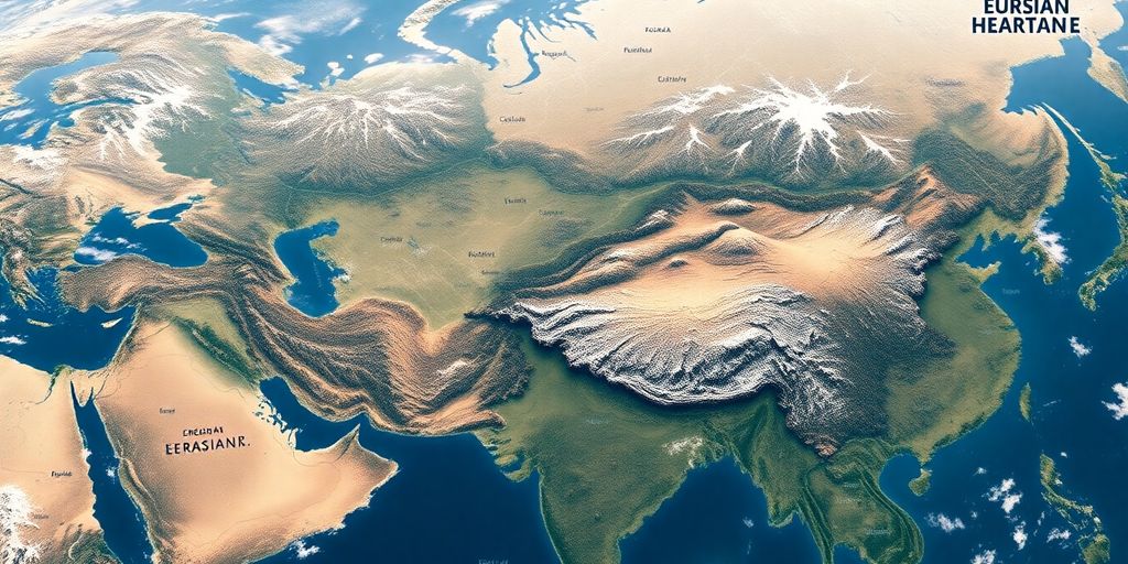 Aerial view of Eurasian landmass with diverse landscapes.