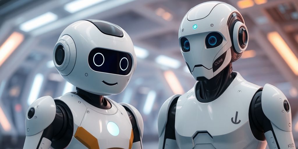Two AI entities side by side in a futuristic setting.