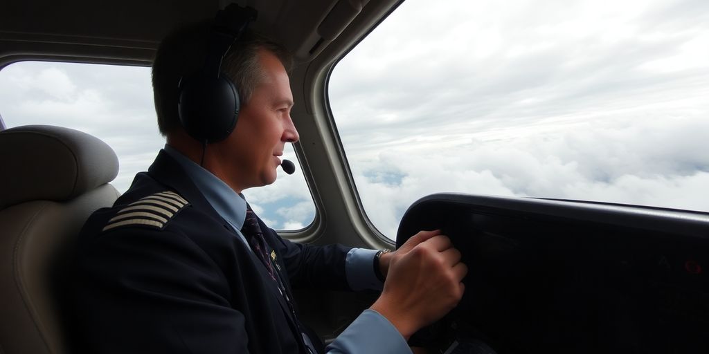 Pilot in cockpit during severe turbulence with dark clouds.