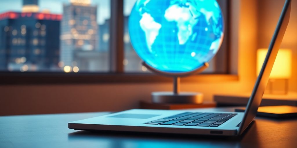 Laptop with digital globe on desk for VPN guide.