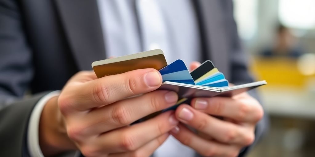 Hands holding multiple credit cards in a blurred background.
