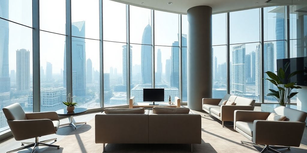Modern Dubai office with skyline view and elegant decor.