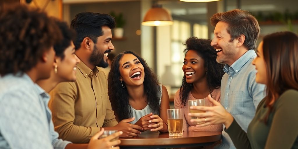 Diverse friends enjoying conversation in a lively café setting.