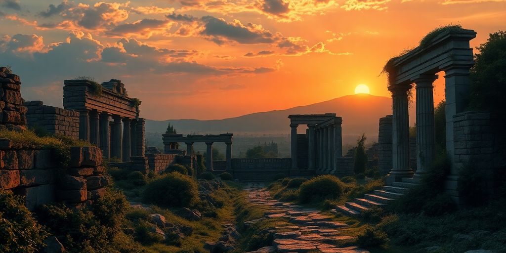 Ruins of an ancient empire with dramatic sunset.