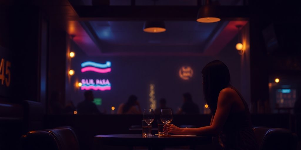Couple in a dimly lit Dubai bar, conveying complex emotions.