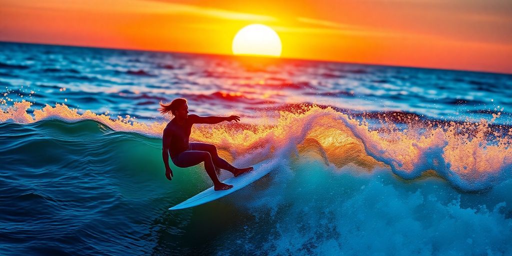 Surfer riding a wave at sunset, symbolizing freedom.