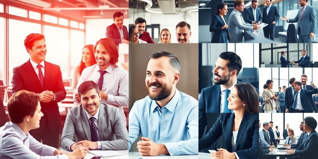 Business leaders collaborating in a vibrant corporate environment.