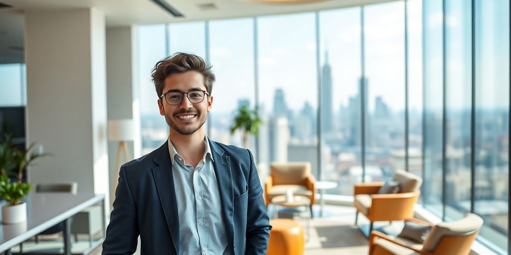 Young entrepreneur in a luxurious office with skyline view.