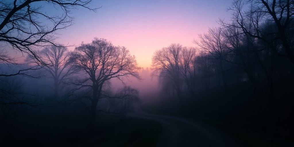 Twilight landscape with a misty, winding path through trees.
