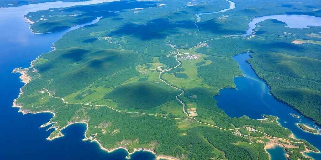 Aerial view of Nicaragua's canal landscape with green hills.