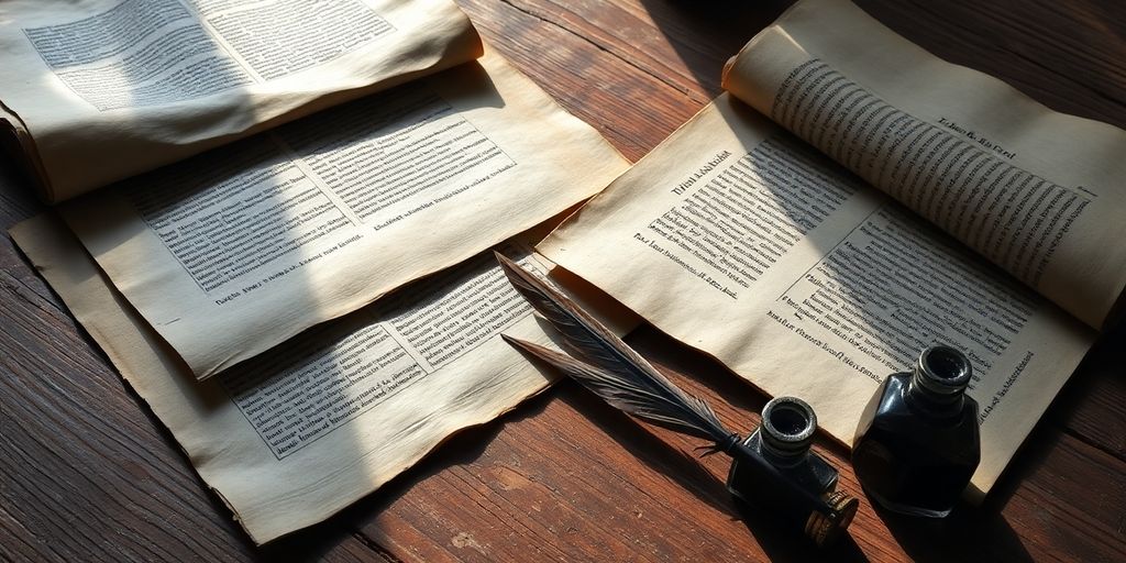 Ancient scrolls and quill on a wooden table.