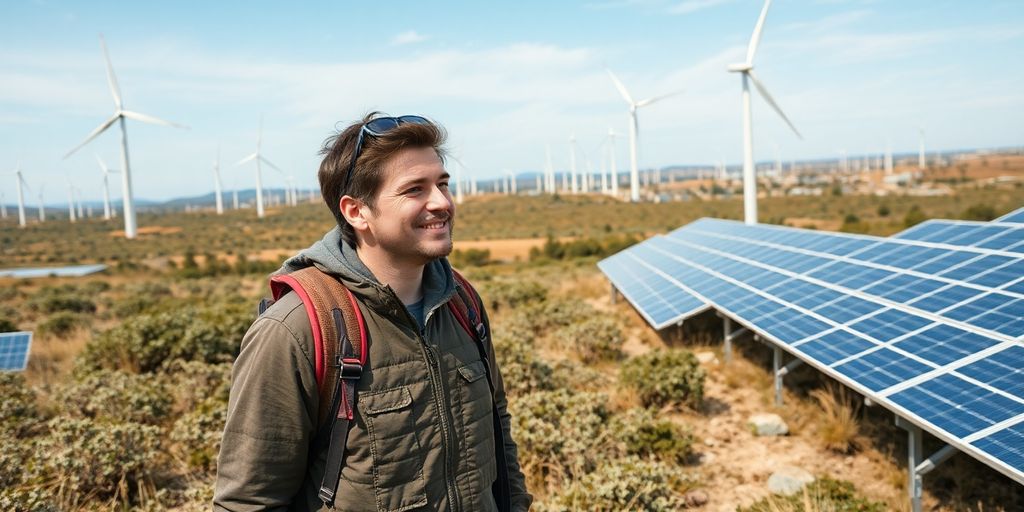 Guillaume Pitron with wind turbines and solar panels.