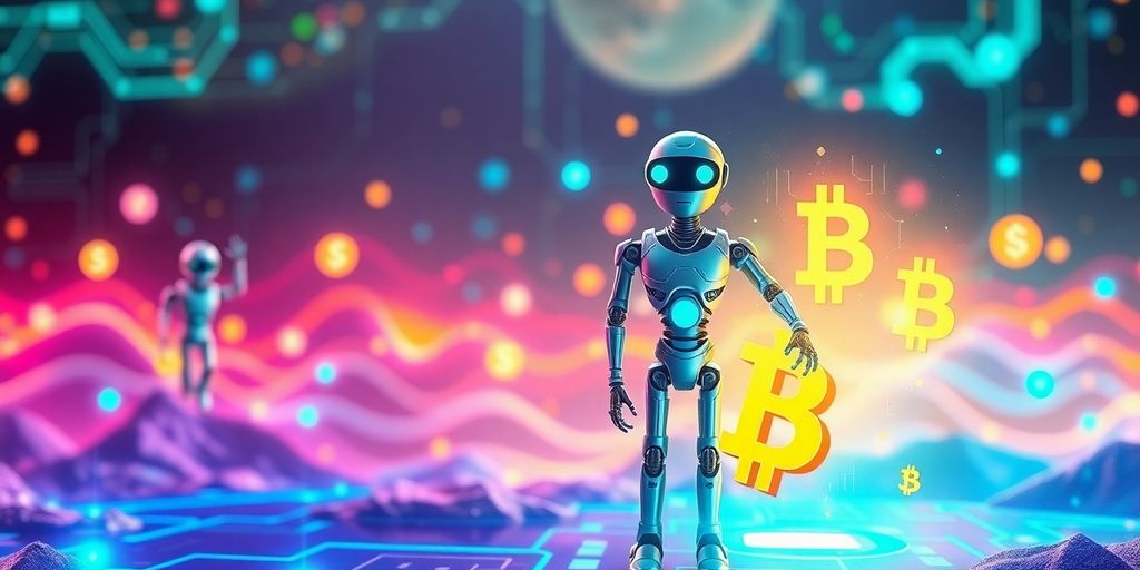 Futuristic AI robots in a cryptocurrency landscape.