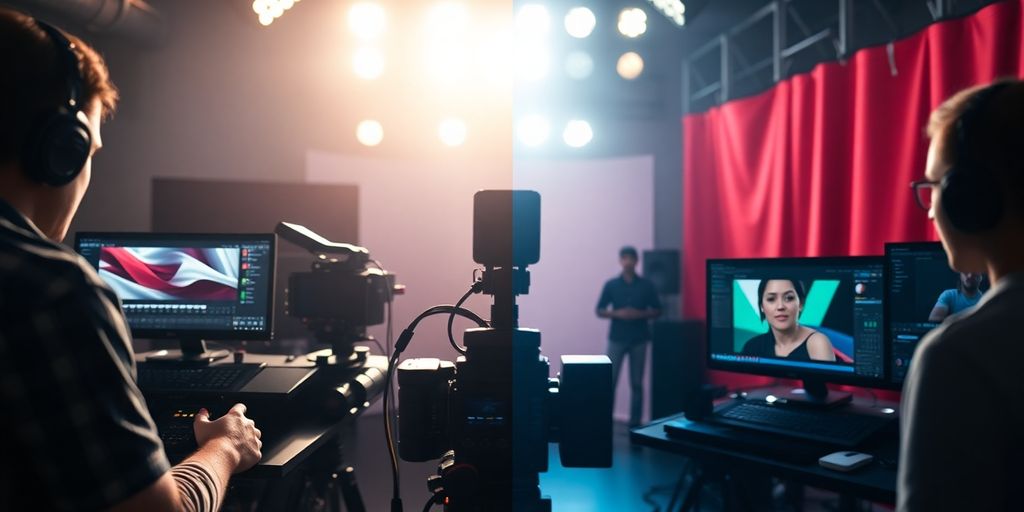 Film crew editing with DaVinci Resolve and Premiere Pro.