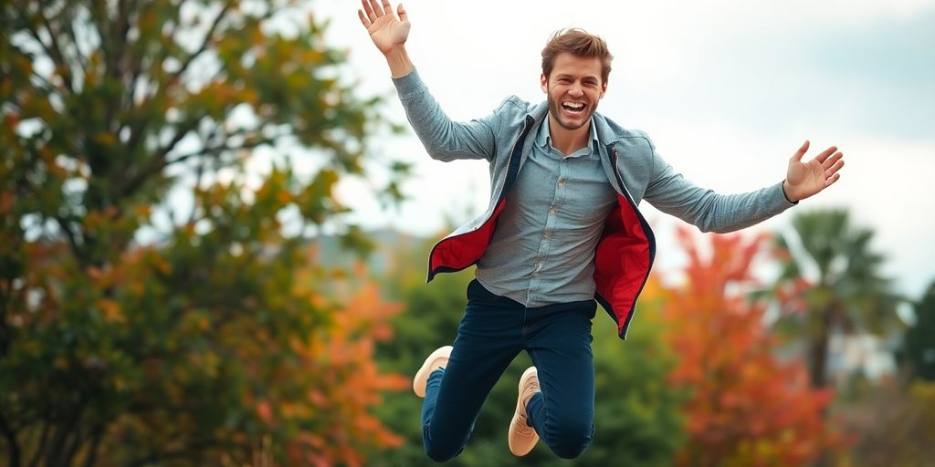 Person jumping energetically in a vibrant outdoor setting.