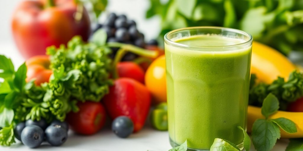 Green smoothie with fresh fruits and vegetables around it.
