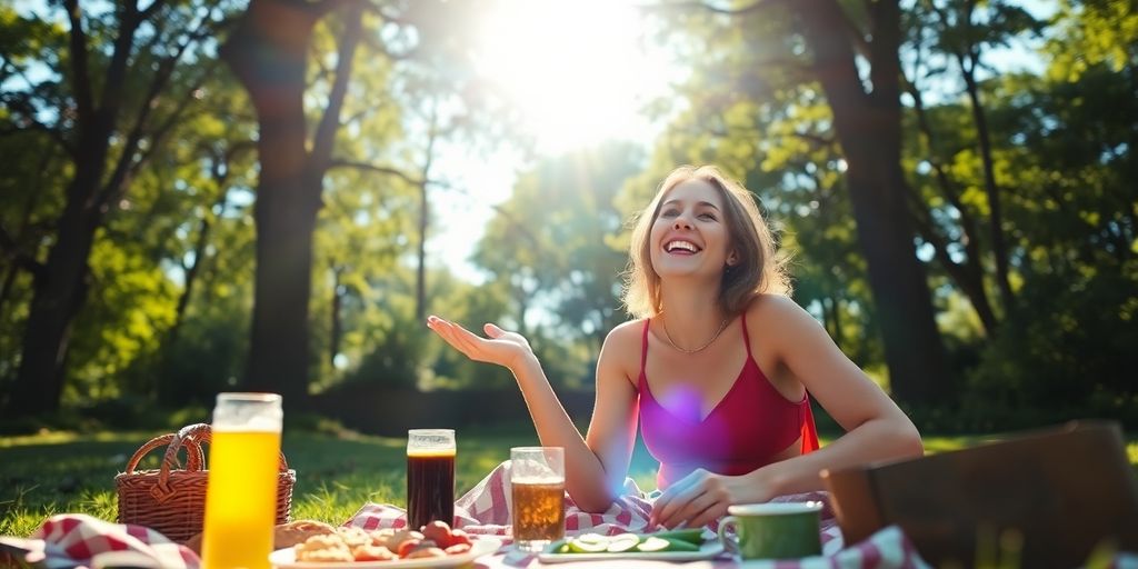 Person enjoying a picnic in a sunny natural setting.