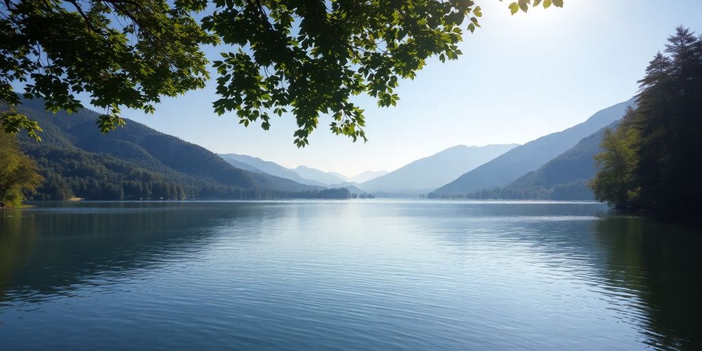 Tranquil lake surrounded by trees and mountains at sunrise.