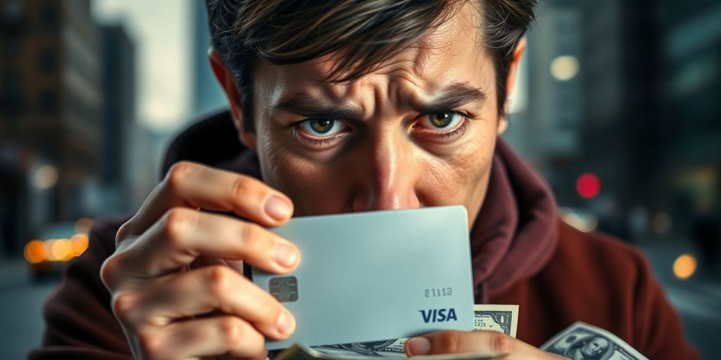 Person holding a credit card with a worried expression.