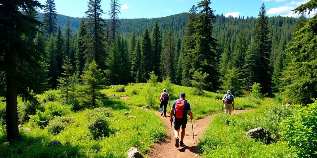 Hikers on a forest trail surrounded by greenery.