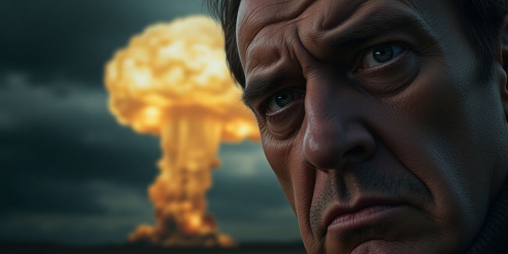 Worried man with nuclear explosion in background.