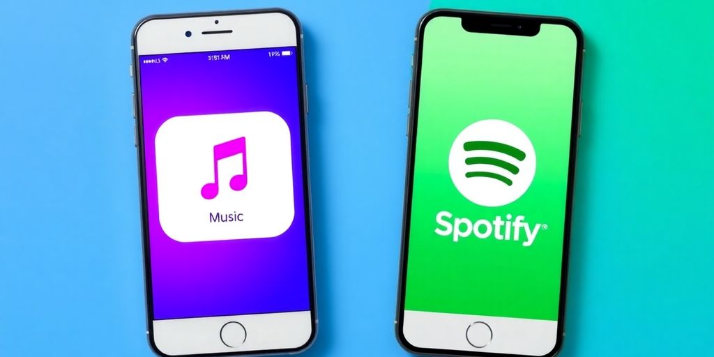 Split image of Apple Music and Spotify interfaces.
