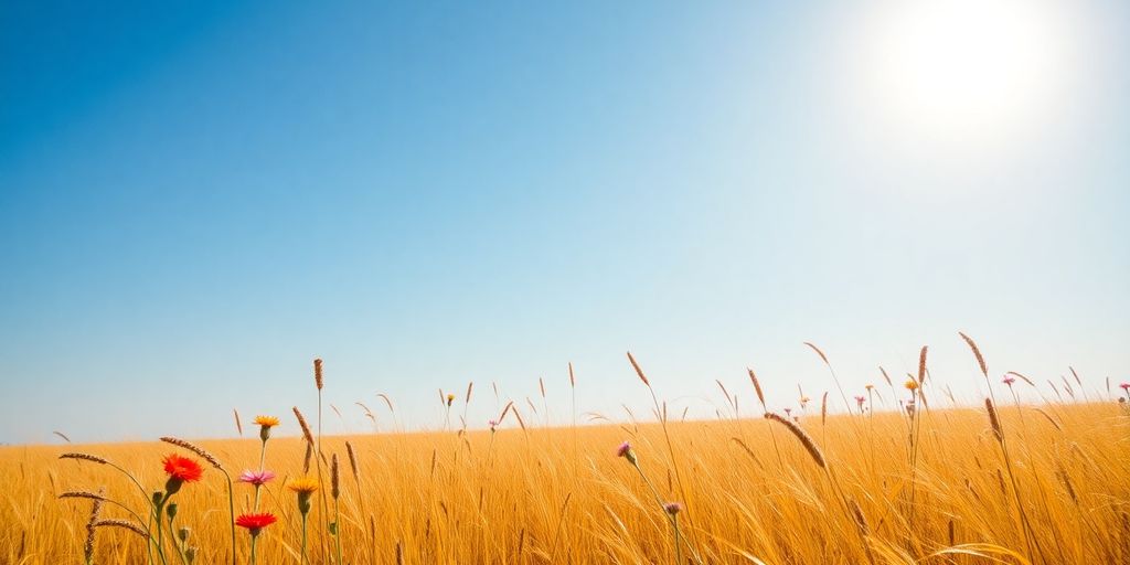 Golden fields and blue sky evoke a peaceful landscape.
