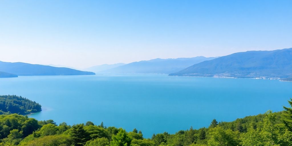 Tranquil lake surrounded by mountains and greenery.