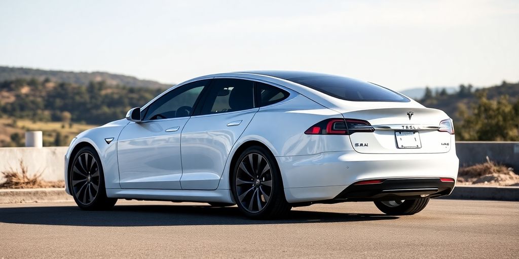 Tesla Model S parked in a scenic outdoor setting.