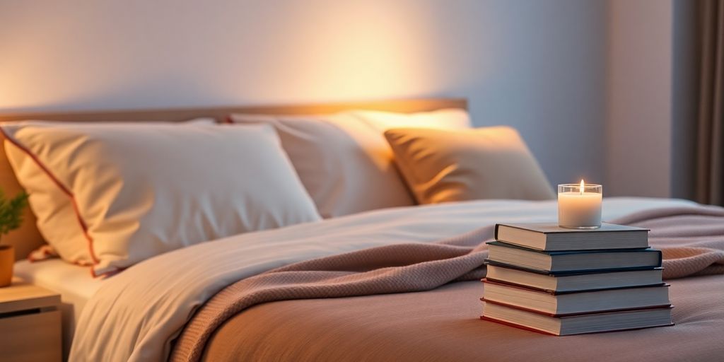 Cozy bedroom with soft lighting and inviting bed.