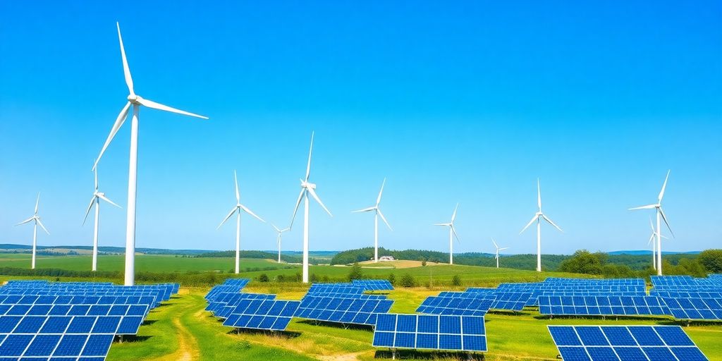 Estonia's renewable energy landscape with wind turbines and solar panels.