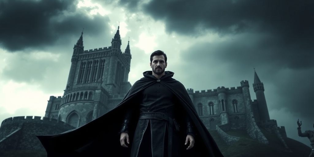 A cloaked figure in front of an ancient castle.