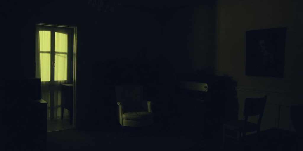 Dimly lit room with vintage furniture and film projector.