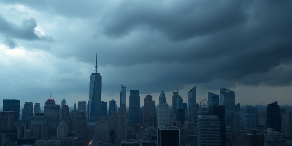 Dark stormy skyline over a bustling city representing financial tension.