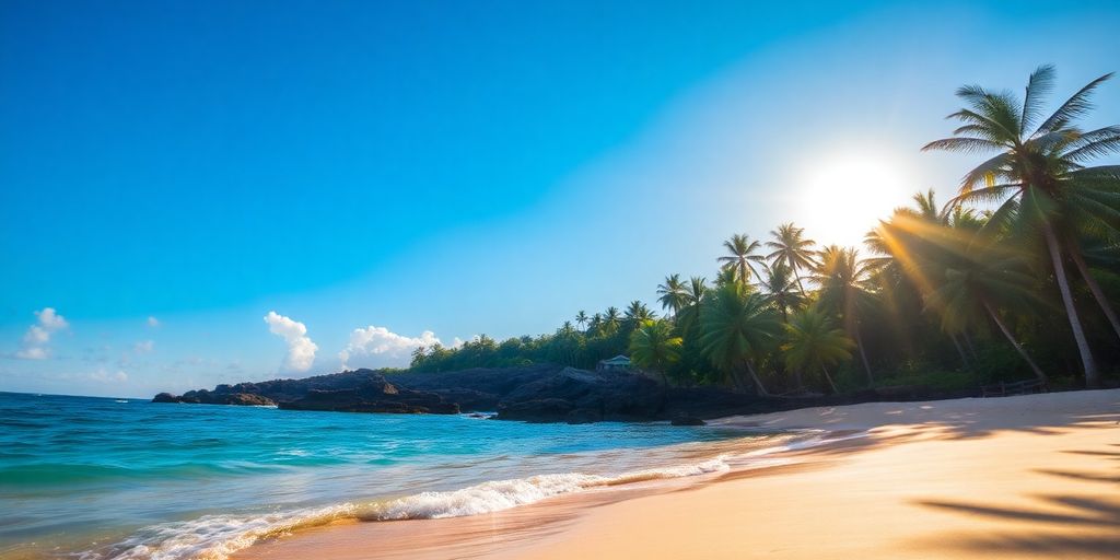 Bali beach with palm trees and sunset view.