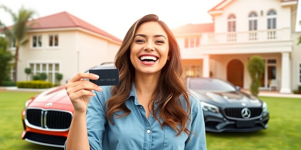 Person holding a credit card with luxury items around.