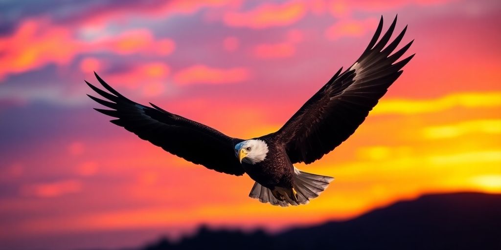 Eagle flying against a colorful sunset sky.