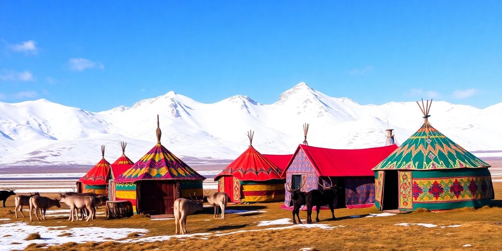 Traditional Sami tents with reindeer in snowy landscape.