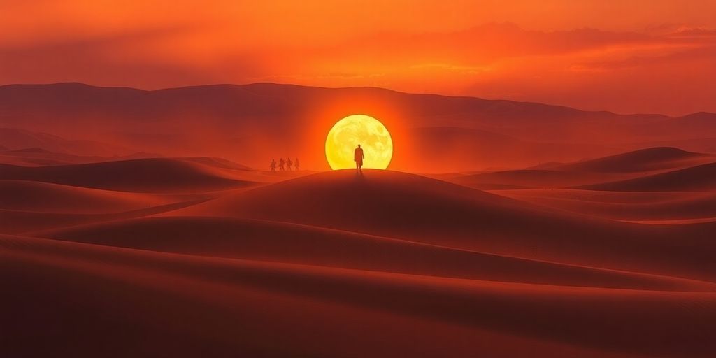 Desert landscape with glowing spice and silhouetted figures.