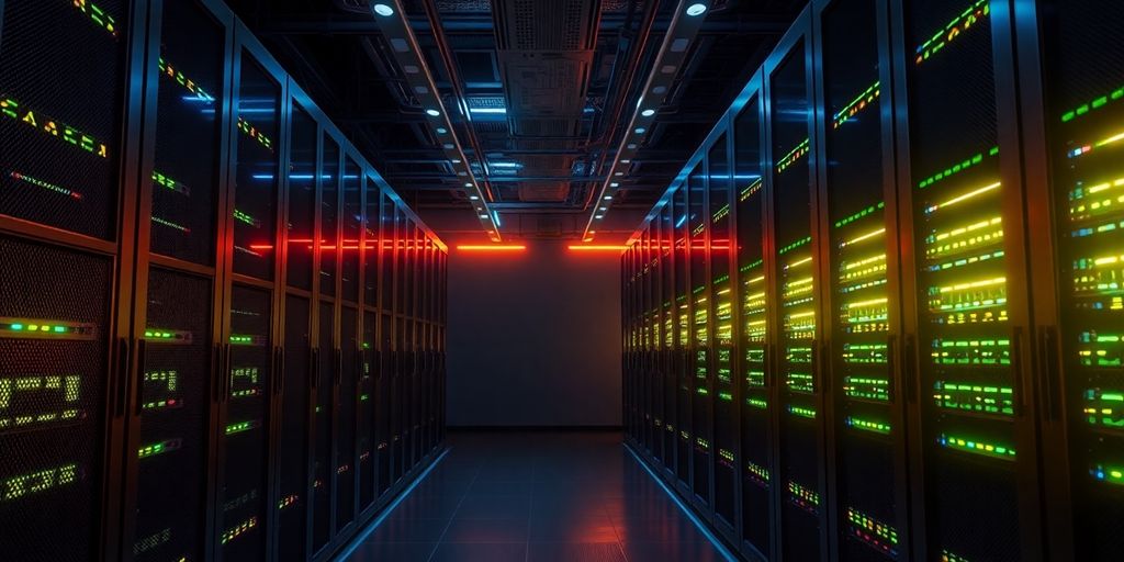 High-tech server room with sleek servers and vibrant lights.