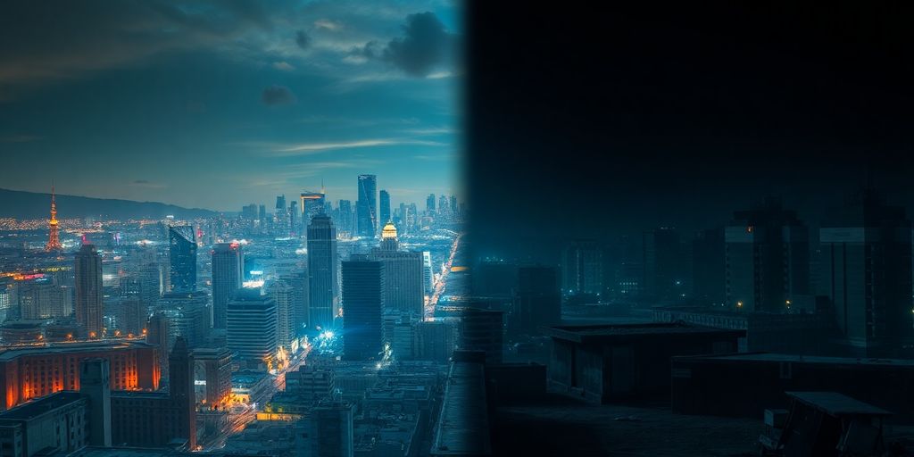 Contrasting cityscapes of prosperity and decline.