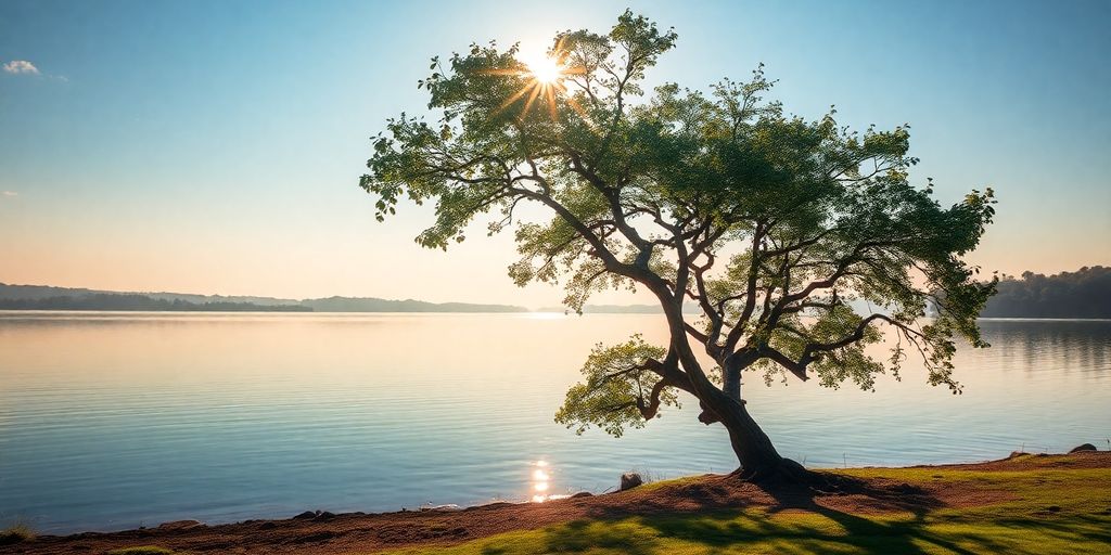 Lone tree by a calm lake at sunset.