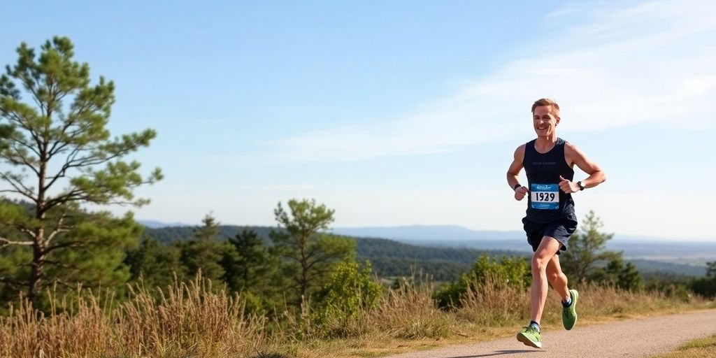 Runner on a scenic trail during a half marathon.