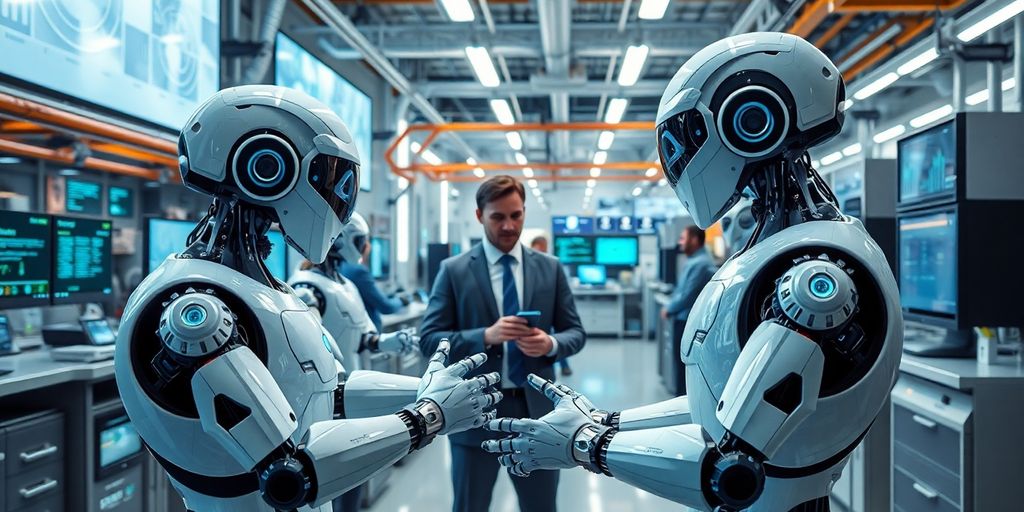 Futuristic workspace with AI robots and humans collaborating.