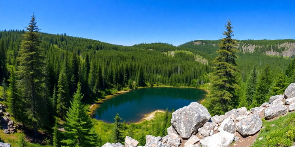 Lush Swedish hiking trail with lake and trees.
