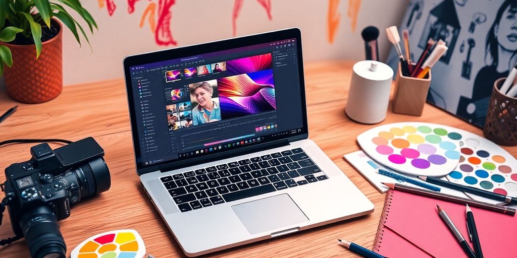 A laptop with video editing software and creative tools.